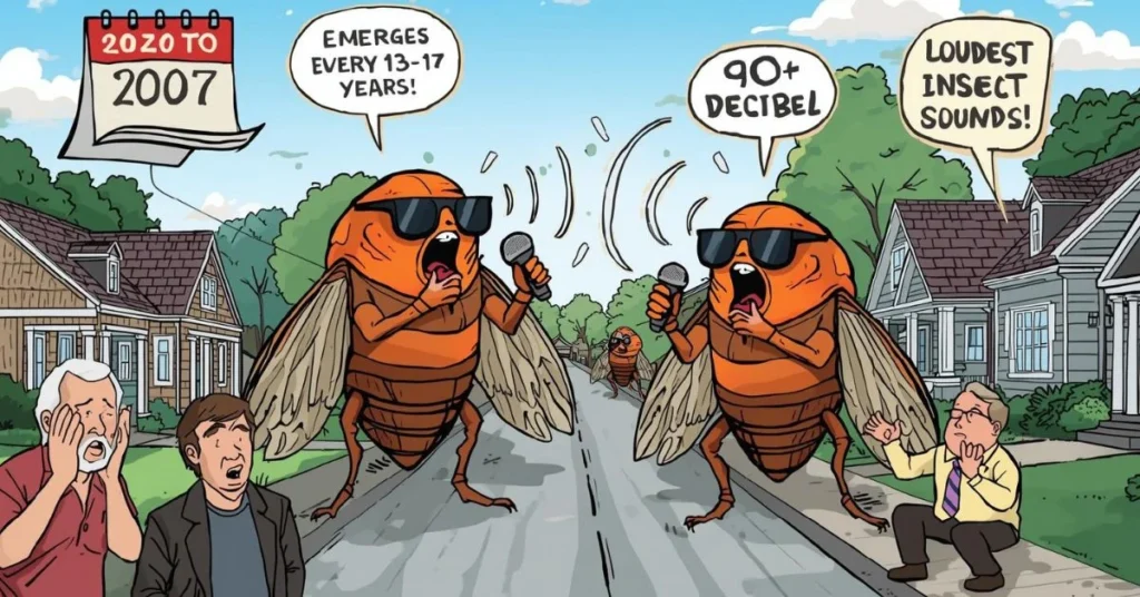 Funny cicada memes illustration showing loud cicadas emerging after 17 years, screaming in a neighborhood with humorous and educational visual cues