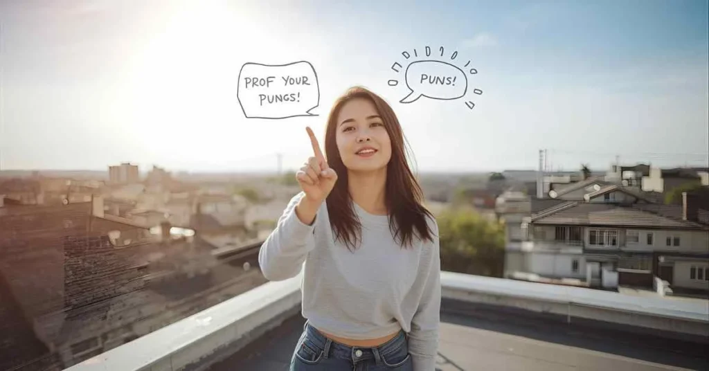 Person standing on a rooftop with speech bubbles, representing funny roof puns and witty comebacks.