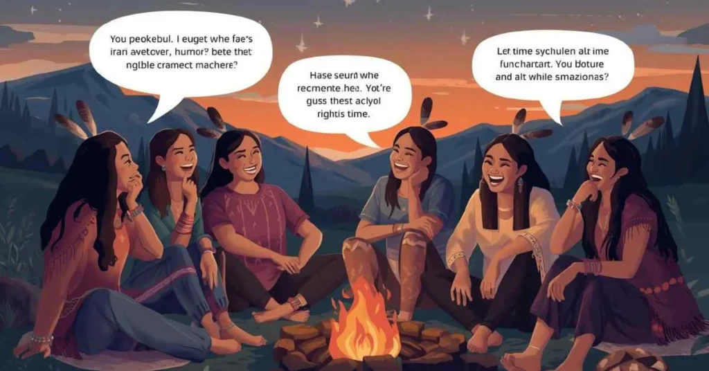 Illustration of Native American adults sharing clever humor together in a respectful, modern setting, representing lighthearted one-liner jokes for adults