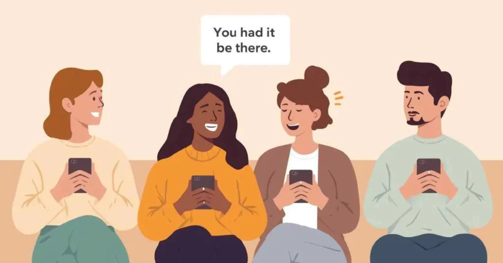 Illustration explaining inside joke in a sentence with two friends laughing at a shared message others do not understand