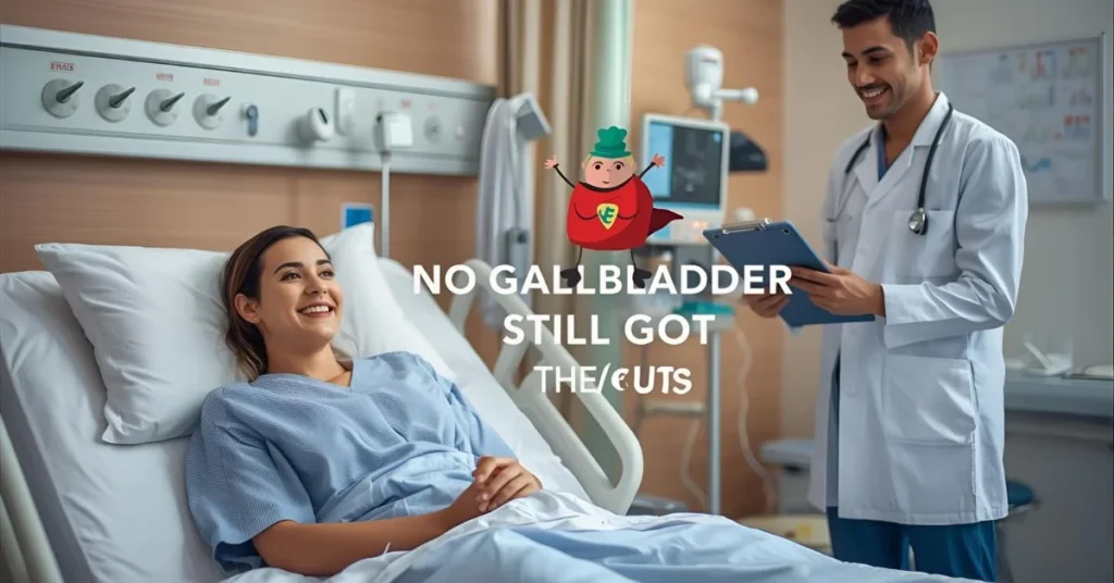 Gallbladder surgery jokes image showing a smiling patient recovering in a hospital room with light medical humor and a positive message about life after gallbladder removal