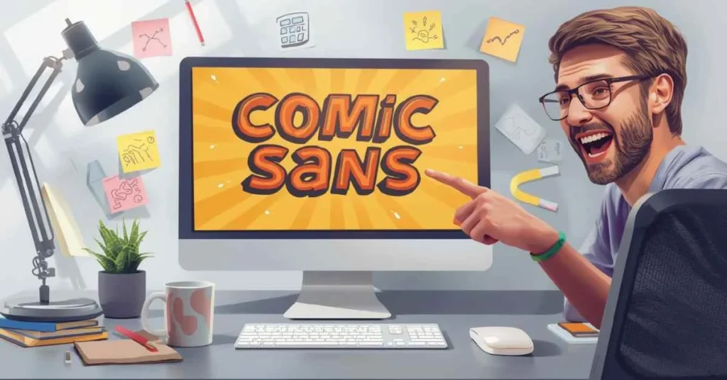 A person laughing at a computer screen displaying Comic Sans font in a modern workspace, capturing the humor behind Comic Sans jokes in a realistic office setting
