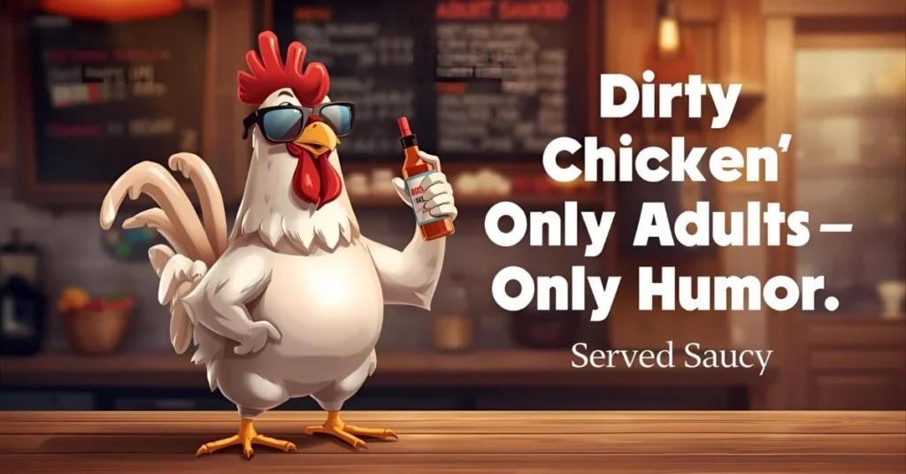Funny cartoon chicken with sunglasses holding secret sauce, representing dirty chicken jokes one-liners for adults with playful humor