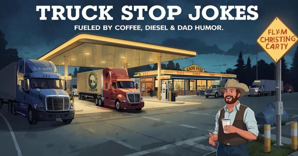 Truck stop jokes illustrated with a funny scene of truck drivers at a roadside fuel station, showing humor from long-haul trucking life