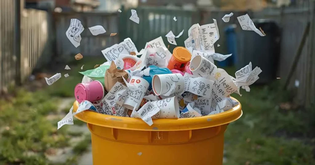 Realistic and humorous image of an overflowing trash bin with playful garbage elements, illustrating funny garbage quotes in a lighthearted and engaging way