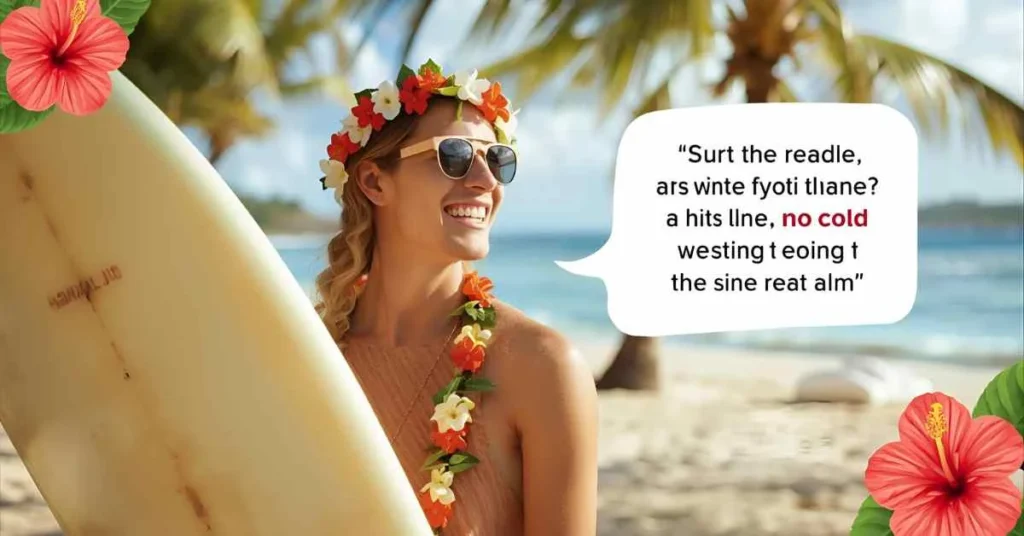 Person laughing on a sunny Hawaiian beach with hibiscus flowers and palm trees, representing fun Hawaiian one-liner jokes.