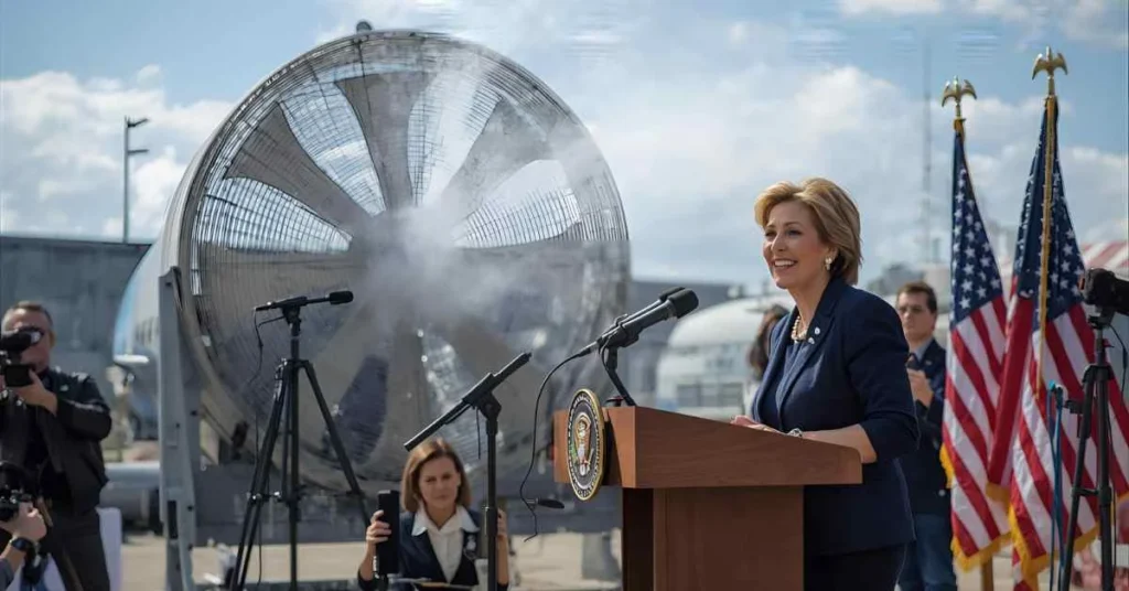 Realistic editorial-style photo of a fictional female politician at a press conference with a large fan blowing air behind her to humorously illustrate political wordplay.