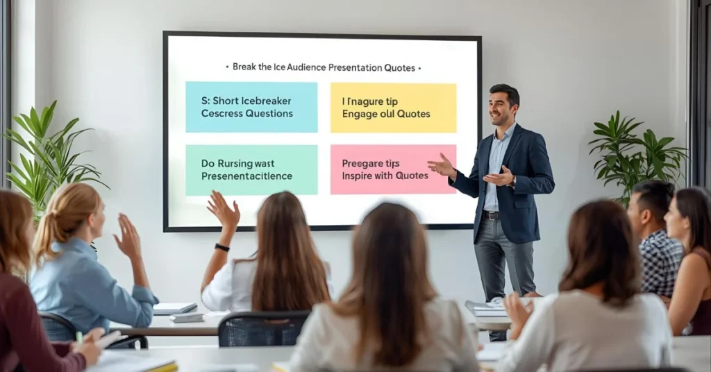 Icebreakers, presentation ideas, and inspirational quotes displayed on a screen during a professional group discussion