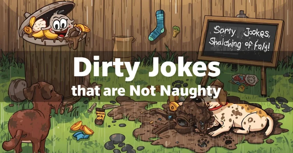 Dirty jokes illustrated with messy mud, trash humor, and playful clean comedy visuals