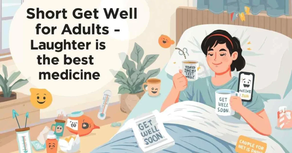 Illustration of an adult resting in bed with a blanket and tea, smiling while reading funny get well jokes on a phone, surrounded by lighthearted medical items and a get well card