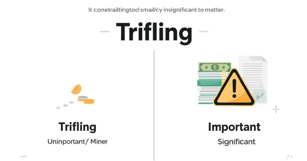 Illustration explaining the meaning of trifling, showing small unimportant things compared to significant matters, with text defining trifling as something minor or insignificant.