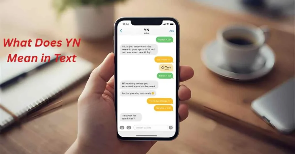 “Realistic photo of a smartphone screen showing a text conversation with the abbreviation ‘YN,’ illustrating the yes/no meaning in a modern, natural, and informative setting.”
