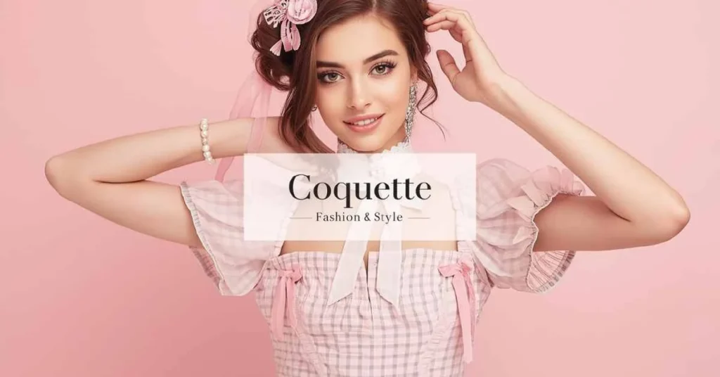 Coquette fashion aesthetic with pastel dress, ribbons, pearls, and playful elegance
