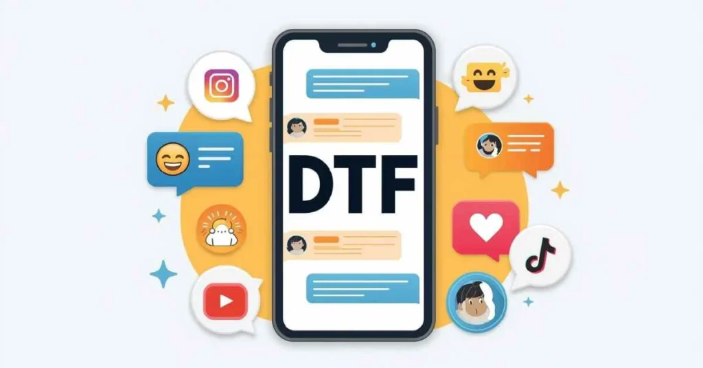 Illustration showing the slang meaning of DTF with smartphone, text message, speech bubbles, emojis, and social media icons representing casual online conversation.