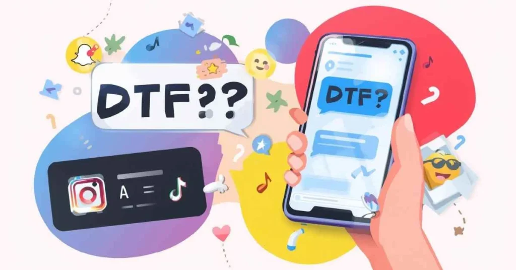 Illustration of a smartphone chat with a speech bubble showing 'DTF?', social media icons, and emojis representing online slang and texting conversations.