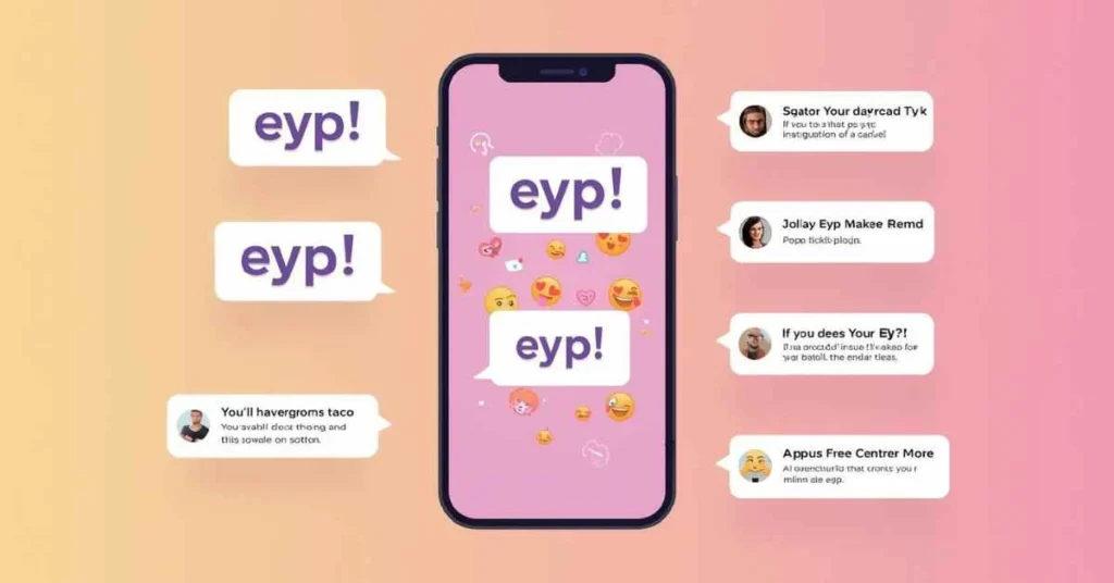 Illustration explaining EYP meaning in slang, showing texting, TikTok, and Instagram usage with playful emojis and chat examples.