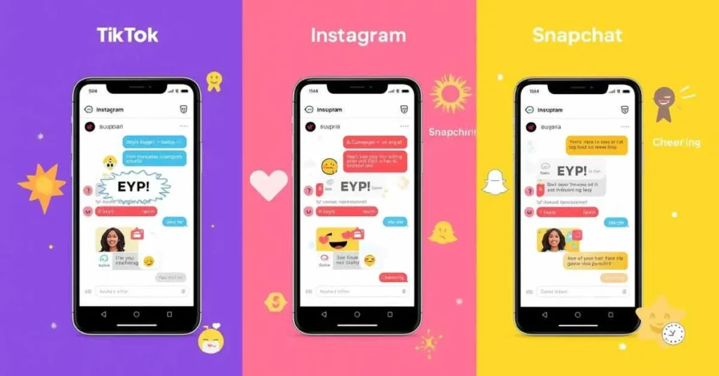 Illustration showing EYP meaning in chats on TikTok, Instagram, and Snapchat with emojis and platform icons