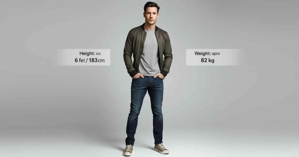 Glen Powell standing in a studio with infographic showing his height and weight