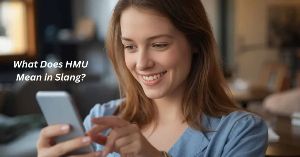 Young adult texting HMU meaning hit me up in slang