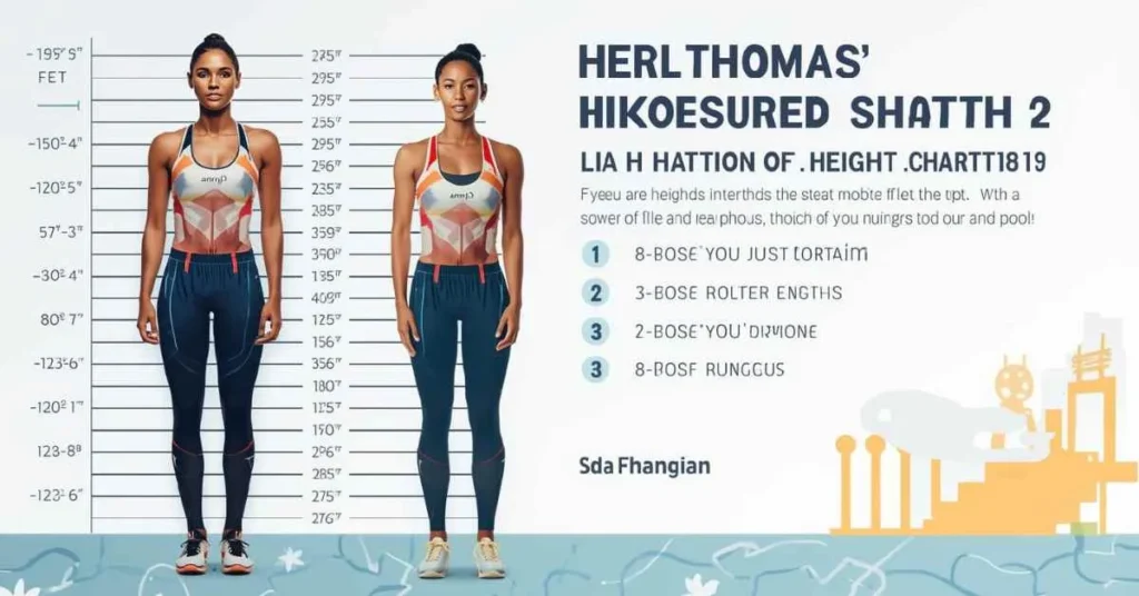 Lia Thomas standing next to a height chart showing her exact height with sports background