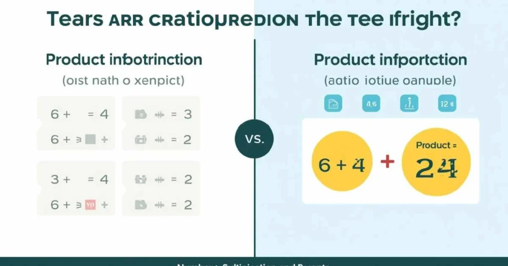 Infographic showing that the product in math is the result of multiplication, not addition or subtraction, with examples 6 × 4 = 24 highlighted and 6 + 4 = 10 and 6 − 4 = 2 marked incorrect.