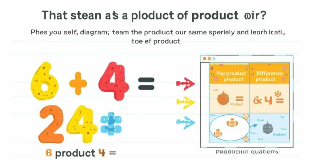 Visual illustration showing multiplication factors 6 × 4 with labeled product 24, including comparison of sum, difference, product, and quotient for easy understanding